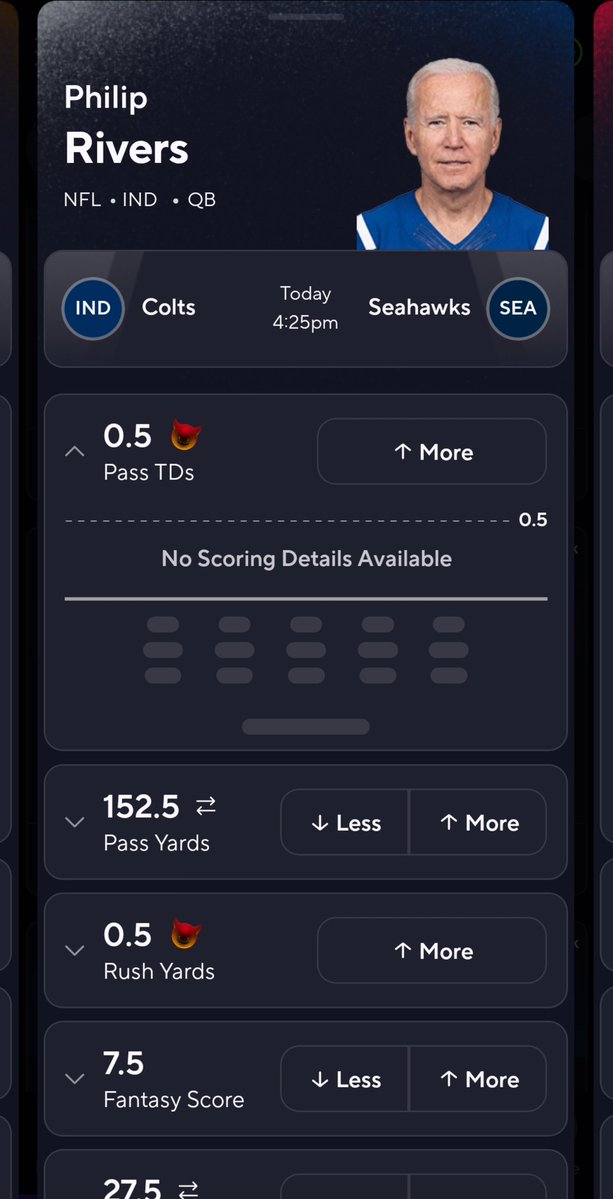 Sukitbackrow's tweet image. PrizePicks did Rivers dirty today with his avi but hey Joe Biden is the far superior physical specimen compared to the guy who couldn't flip a coin last night at Army vs Navy