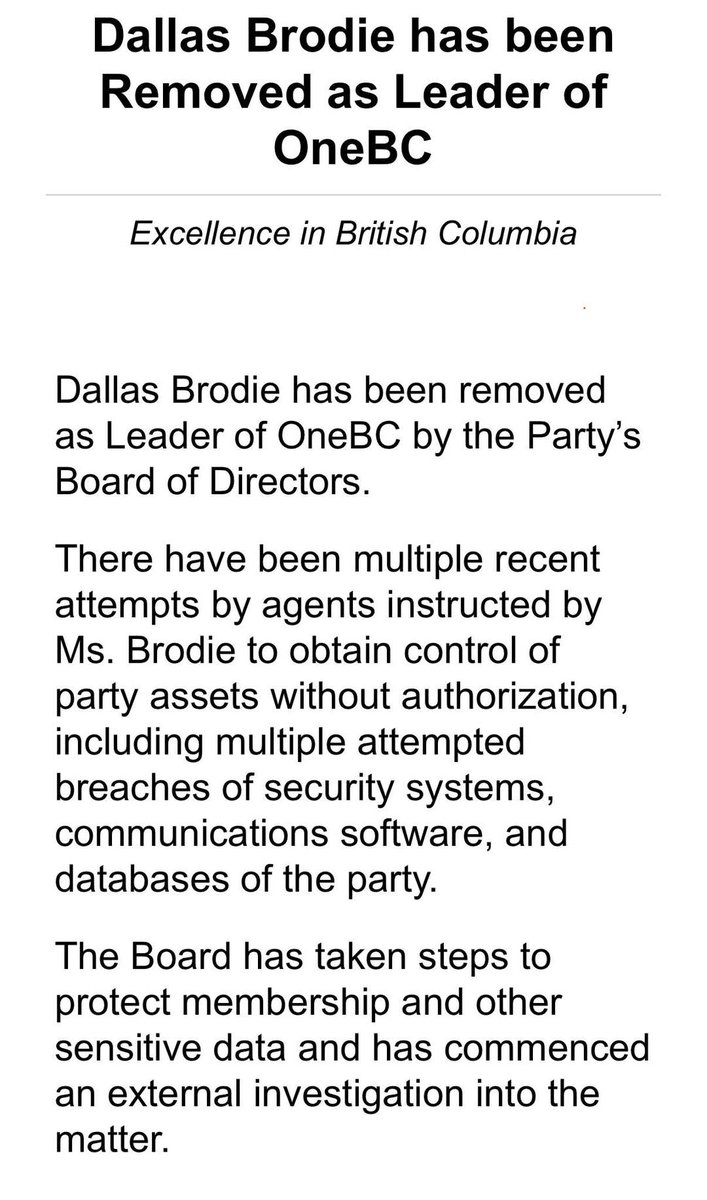 A welcome Christmas gift to all Residential School survivors and their families. Dallas Brodie was removed from her own party and OneBC seems to be caving in on itself!