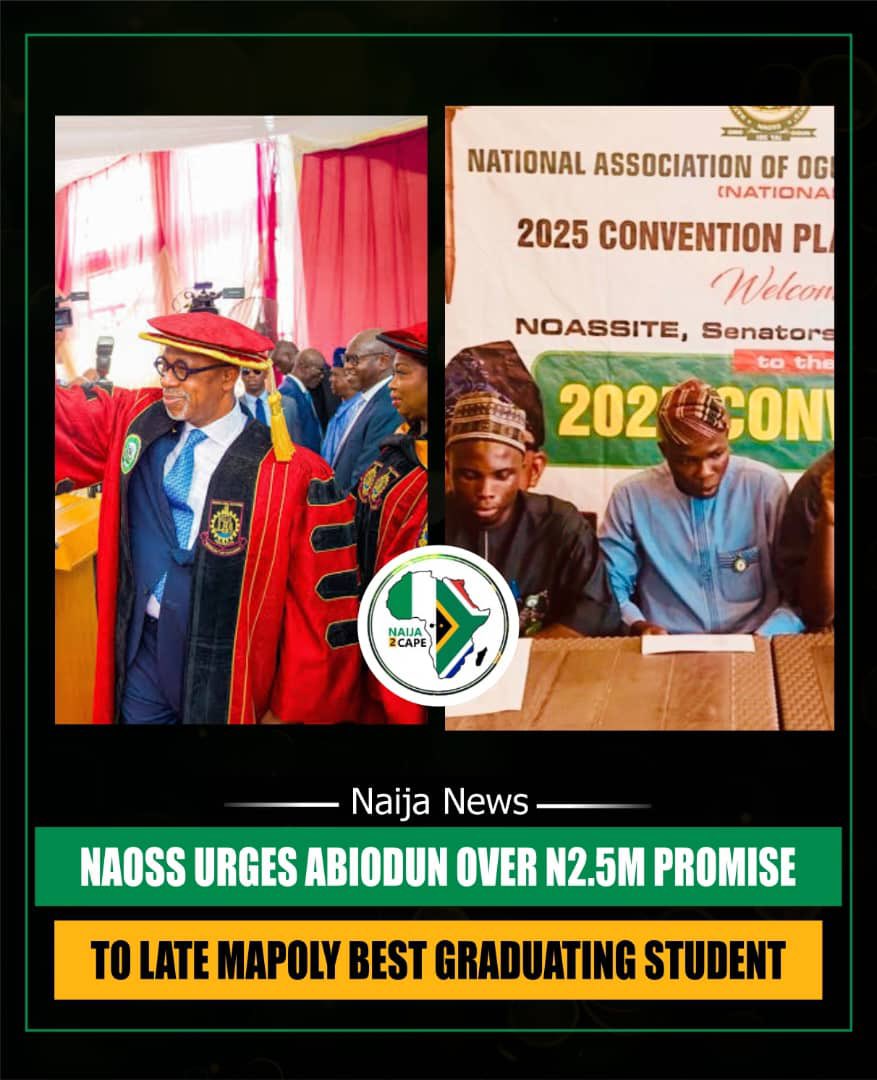naija2capeblog's tweet image. NAOSS has urged Governor Abiodun to fulfil the N2.5 million promise made to the late MAPOLY best graduating student, calling for accountability and respect for commitments made.

#NAOSS #OgunState #MAPOLY #EducationNews #Naija2Cape