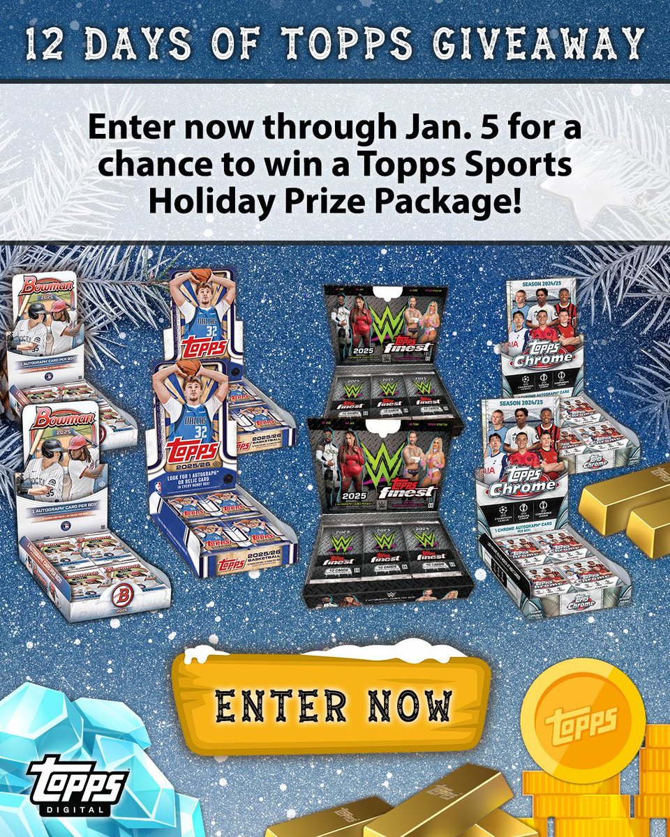 12 Days of Topps begins with a special giveaway! Enter now through Jan. 5 for a chance at the ultimate <a href="/Topps/">Topps</a> sports card collector’s prize package, featuring hobby boxes + in-app prizes for BUNT, Total Football, NBA Collect, &amp; SLAM! #ToppsTwelve

Enter: buff.ly/rK4e8wx