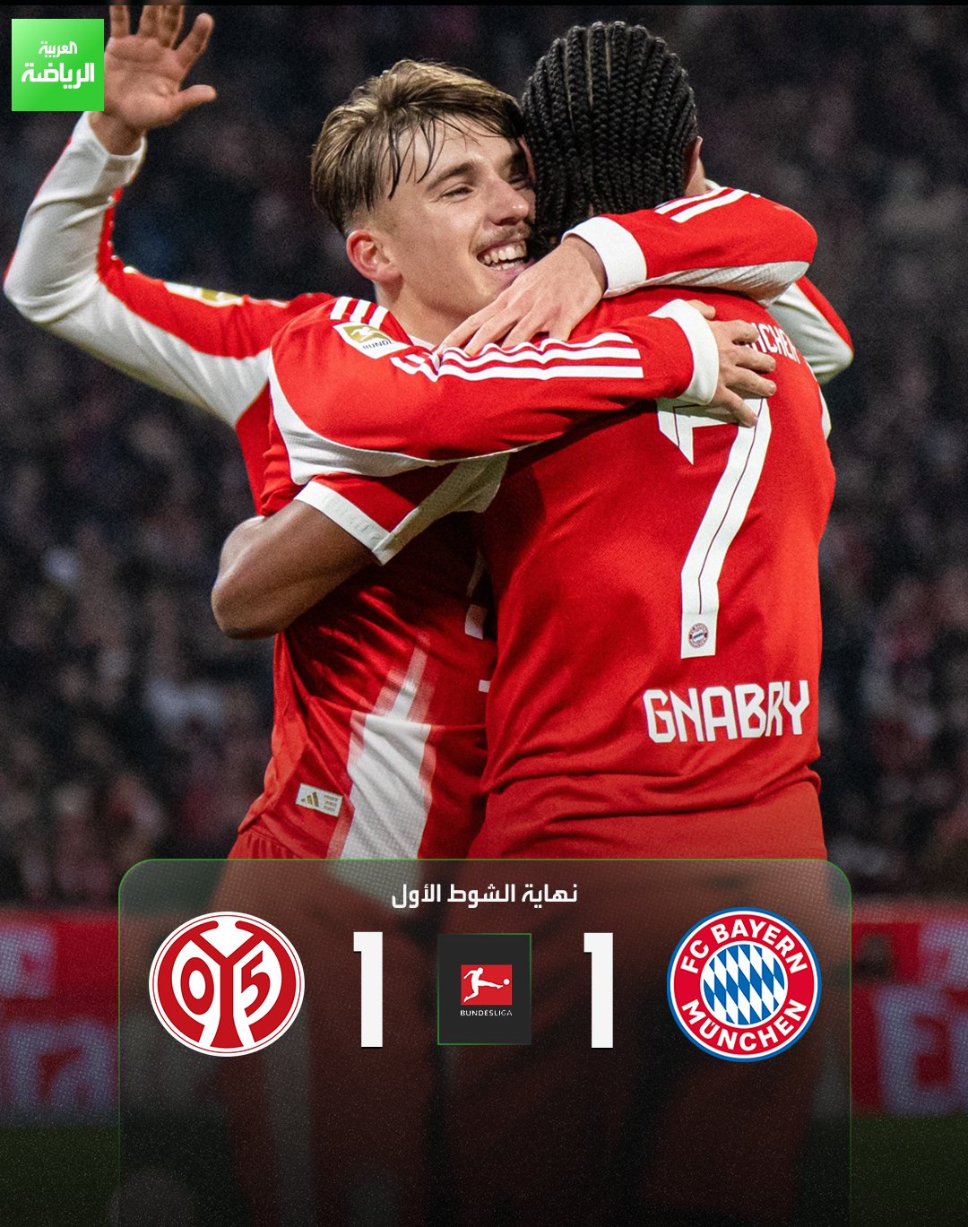 شوط أول ينتهي بالتعادل الإيجابي. بايرن ميونخ 1 (كارل) ماينز 1 (كاسبر بوتولسكي) الدوري الألماني أليانز أرينا 