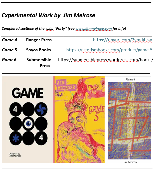 jwmeirose's tweet photo. The suquence of "Games" in "Party", follow a handful of ordinary people striving to survive a cosmic tragedy--but the read is not for everyone.
Games 4,5,6 available - and more to come.
#experimentallit #literaryfiction #fictionwriter https://t.co/j8EdxIqaKL