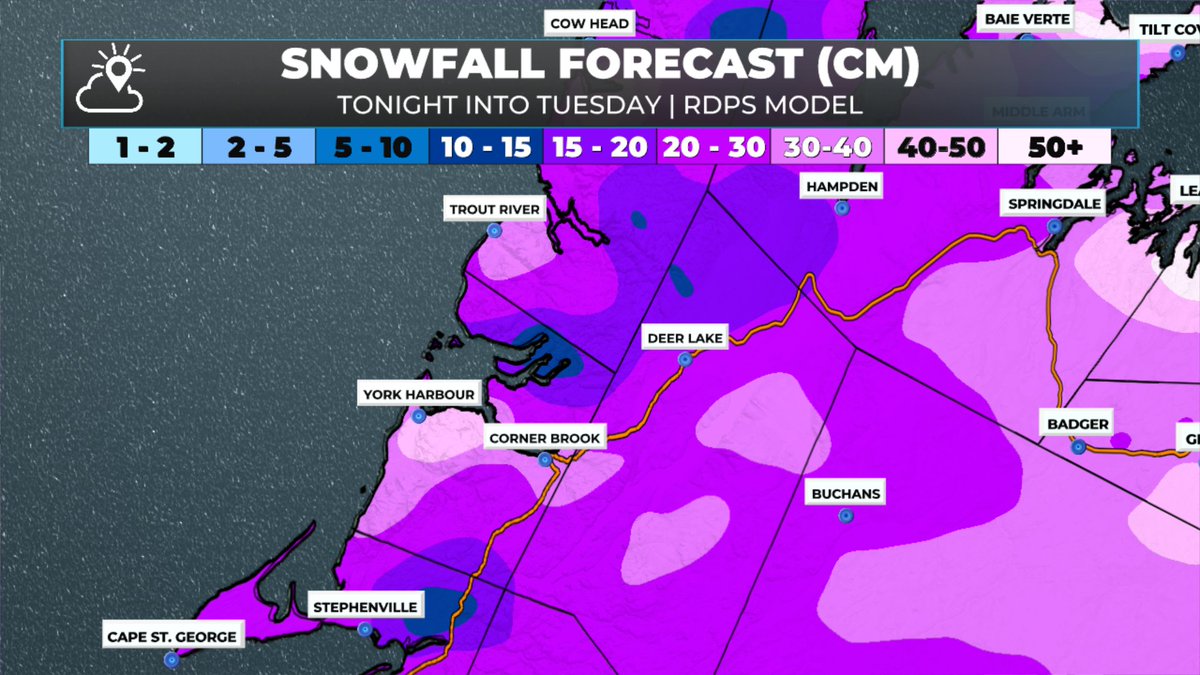 EddieSheerr's tweet photo. The RDPS model indicates that the northeast coast/Gander area will receive snowfall exceeding 50 cm between tonight and early Tuesday. Parts of the West Coast may be under-forecast, as this amount doesn't take the fluff factor into account. #nlwx https://t.co/bBG4KMrFBx