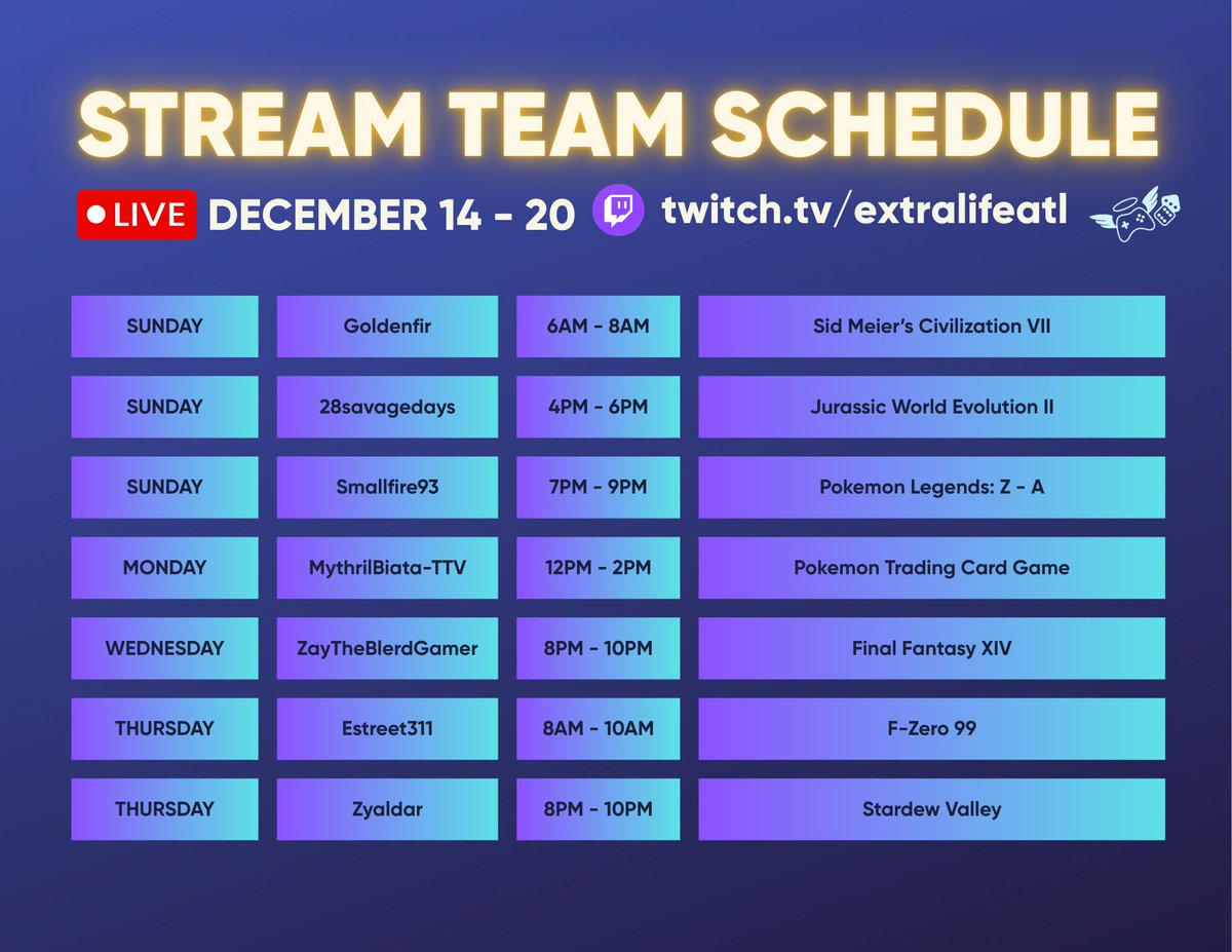 ExtraLifeAtl's tweet image. Tune in, team up &amp;amp; make an impact. Follow us on Twitch, join the fun &amp;amp; support our streamers as they play for @childrensatl. Here’s your weekly schedule! 📅🎮
#ExtraLife #ExtraLifeATL #CHOA #CMN #Atlanta #Fundraising #LiveStream #Twitch #TwitchTeam #ExtraLife4Kids