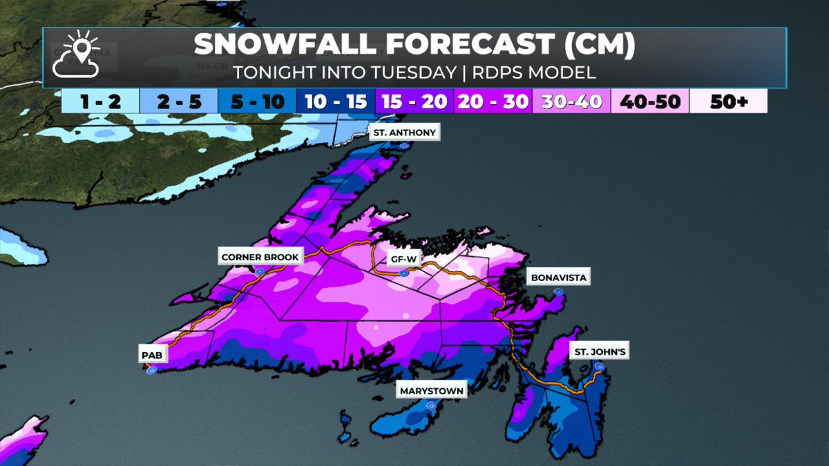 EddieSheerr's tweet photo. The RDPS model indicates that the northeast coast/Gander area will receive snowfall exceeding 50 cm between tonight and early Tuesday. Parts of the West Coast may be under-forecast, as this amount doesn't take the fluff factor into account. #nlwx https://t.co/bBG4KMrFBx