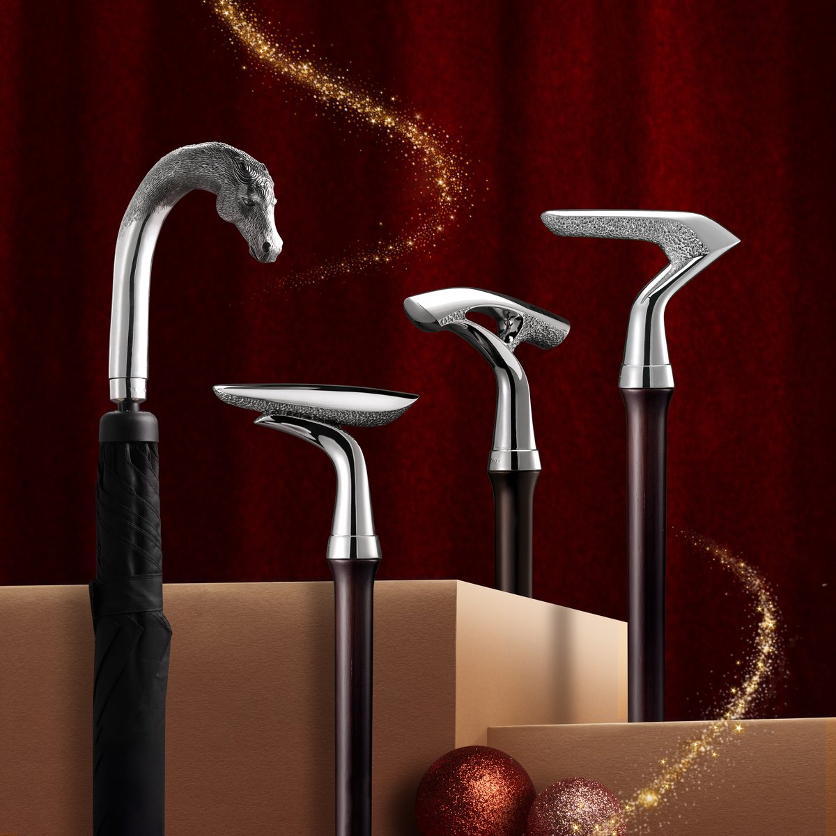 The Goodwood, Whitley, and Hethel walking sticks make the perfect companion for a casual stroll. For shield against sun or rain, consider our Comyns umbrellas, which feature silver-coated animal handles.

#Comyns #ComynsSilver #WilliamComyns #Silver #Gifts #Christmas
