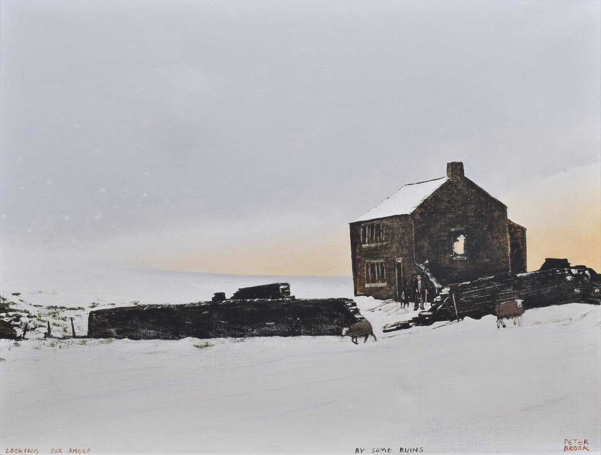 Before he adopted his trademark motif Peter Brook often included a lone shepherd and his dog in his earlier paintings, like ‘Looking for Sheep - By Some Ruins’, an atmospheric portrayal of the challenging life and work of the hill farmer in winter. (Sold <a href="/Wilson55Auction/">Wilson55 Auctioneers & Valuers</a> in 2020)
