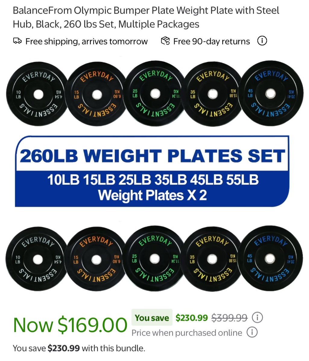 GlitchedDeals's tweet photo. $230 OFF 260 POUND OLYMPIC WEIGHT PLATE SET

Walmart has the BalanceFrom 260lb weight set for $169

Weights are normally $1/lb (these are 64 cents)

Can resell these locally for $1 a pound or keep for your home gym

https://t.co/QrJMwacrtj https://t.co/2ViXN8m7A4
