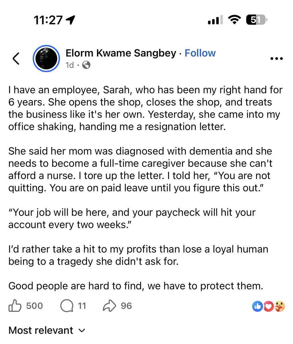 🚨ICYMI🇬🇭🤌🏾🥹: “I'd rather take a hit to my profits than lose a loyal human being to a tragedy she didn't ask for.”

A Ghanaian business owner puts profit aside after a longtime employee sought to resign to care for her mother w/ dementia, placing her on paid leave instead.

🦅🇬🇭