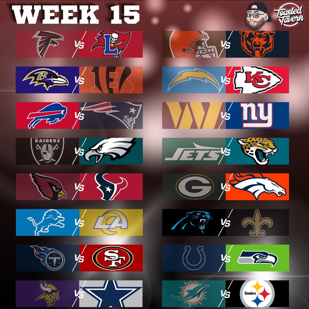 ToastedTavern's tweet photo. Week 15 continues with plenty of playoff implications at stake!

Division titles remain on the line, the Super Bowl runner-up is on the brink of elimination and the @ChicagoBears, yes the Bears, are closing in in a playoff spot!

Our picks are in! https://t.co/y4pAGFoSZa