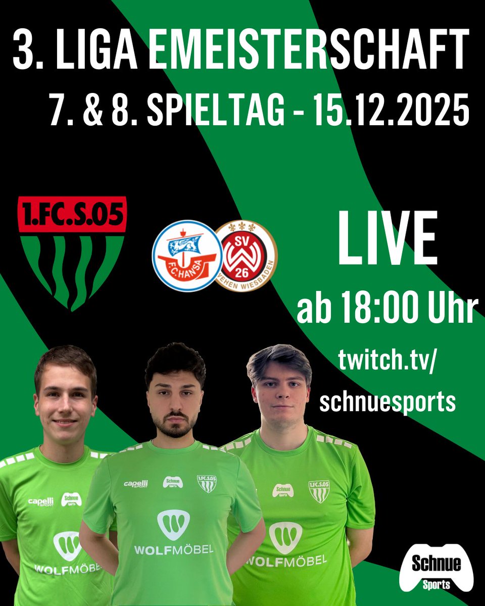 Morgen steht der letzte Doppel-Spieltag in der <a href="/3liga/">3. Liga</a> eMeisterschaft an, bevor es in die Winterpause geht! 🔜
Wir treffen auf <a href="/HansaRostock/">F.C. Hansa Rostock</a> &amp; <a href="/SVWW_official/">SV Wehen Wiesbaden</a>. 💪🏼
Wir würden uns freuen, wenn ihr morgen wieder LIVE im Stream dabei seid! 💚🤍

🐗💚🤍

#schnuedelgaming #easportsfc