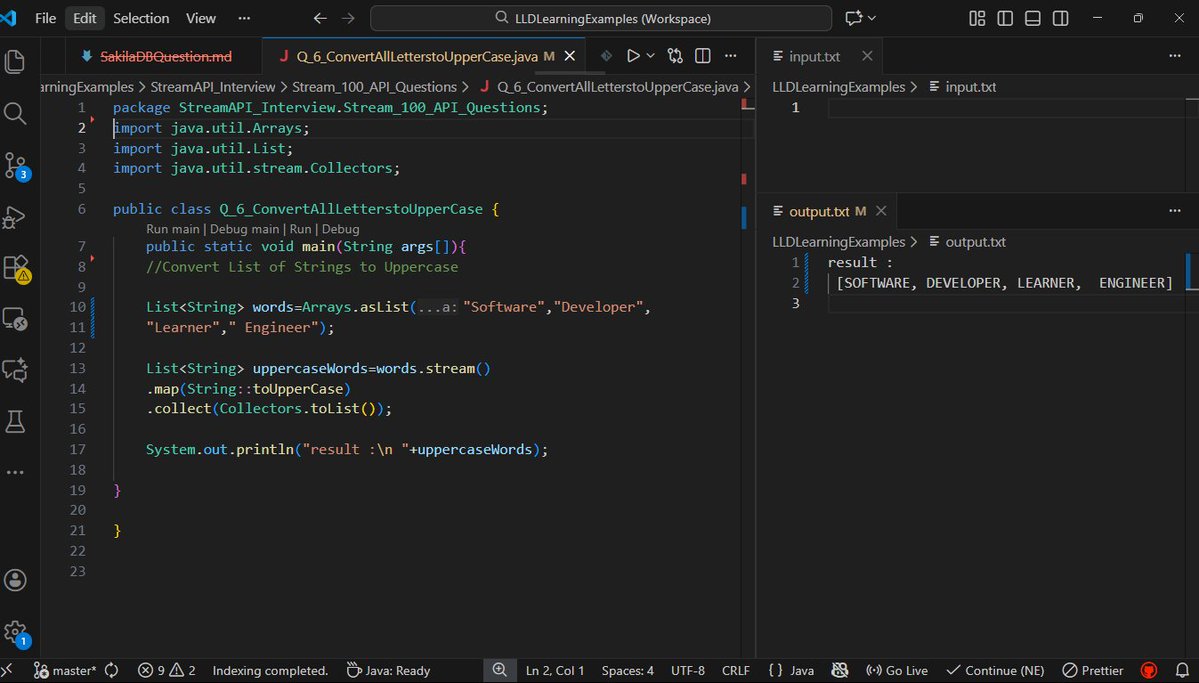 Java Streams  Post : 2
1.  Convert List of Strings to Uppercase 

 Note : All codes on Github and Link is in Bio
 #Java #Java8 #Streams #100DaysOfCode #Coding #Interview #Programming #DSA #Backend #SDE