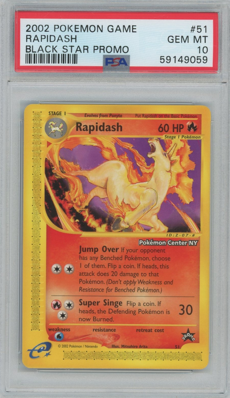 🔥 Card Deal Found!         
2002 Pokémon Game Promo #51 Rapidash - Black Star-Pokemon Center NY (PSA 10 GEM MINT)  
Avg sale: $358       
Now: $200 — 44% OFF!
courtyard.io/asset/0833407f…