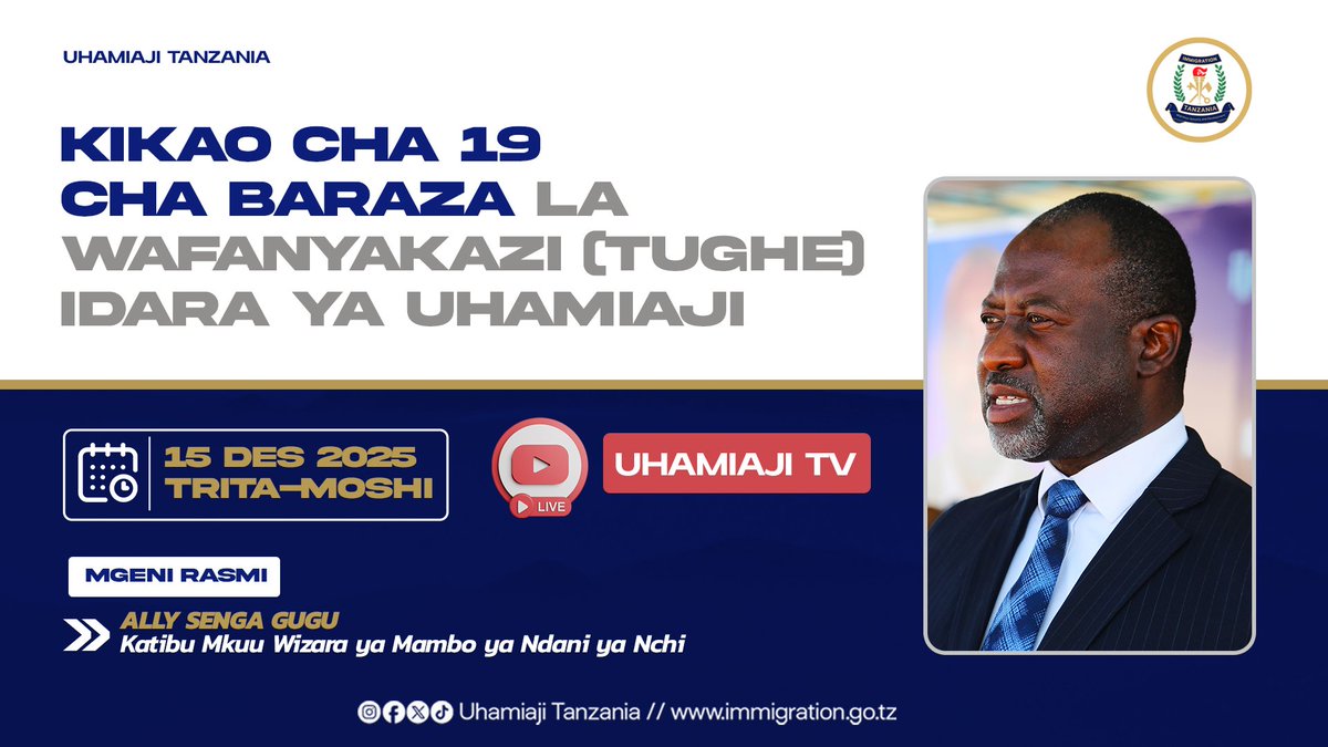 UhamiajiTz's tweet photo. #🇹🇿#MUBASHARA Ufunguzi wa Kikao Cha 19 Cha Baraza la Wafanyakazi Idara ya Uhamiaji Kujadili Utekelezaji wa Majukumu ya Idara Mwaka 2025/2026 Mgeni Rasmi Bw. Ally Senga Gugu Katibu Mkuu Wizara ya Mambo ya Ndani ya Nchi, Tarehe 15 Desemba 2025 TRITA - Moshi, Kilimanjaro. https://t.co/YX1fXvTHIn