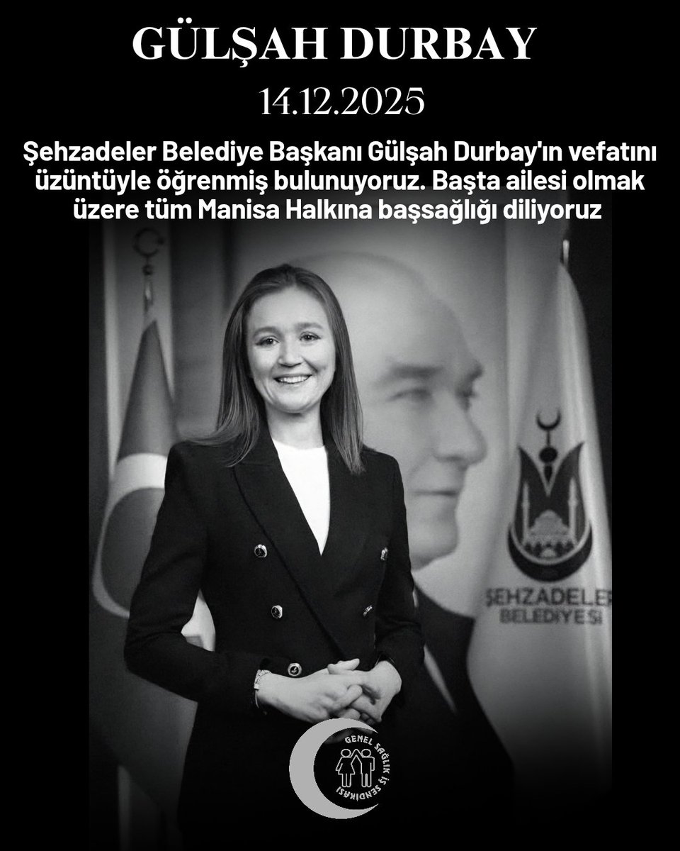 Şehzadeler Belediye Başkanı Gülşah Durbay'ın vefatını üzüntüyle öğrenmiş bulunuyoruz. Başta ailesi olmak üzere tüm Manisa Halkına başsağlığı diliyoruz .
<a href="/GulsahDurbay/">Gülşah Durbay</a> #Gülşahdurbay