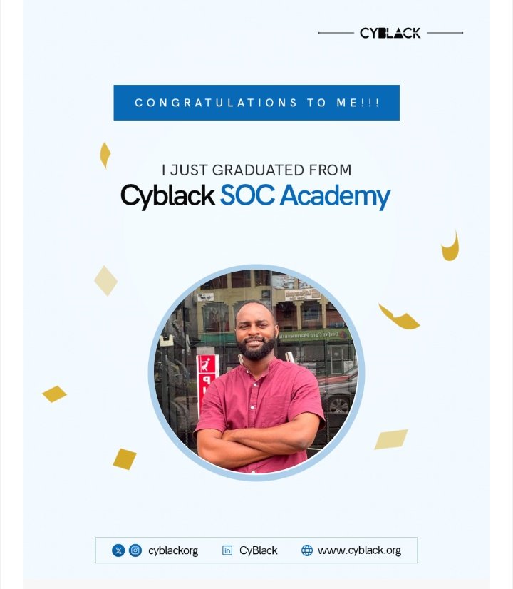 cyberjeremiah's tweet image. Today I graduated from @Cyblackorg SOC academy and it had me grateful throughout my whole day.

Alongside the rigorous sprints that shaped my learning experience, I also graduated with a set of individuals I can call Family ❤️.

Thank you so much @ireteeh @AleroLacherie