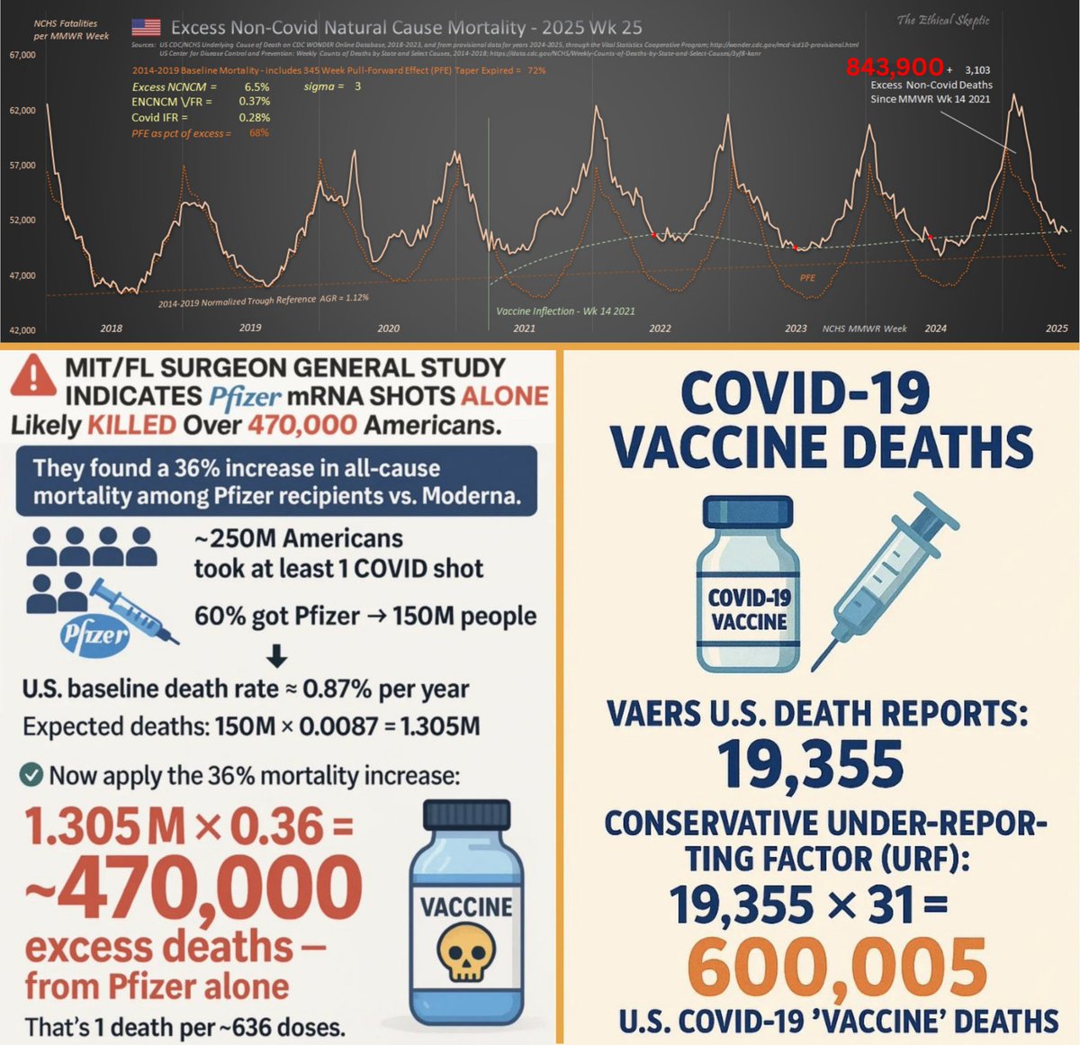 NicHulscher's tweet image. 🚨THREE Independent Estimates Yield 470,000–840,000 U.S. COVID-19 “Vaccine” Deaths

1️⃣ CDC Mortality Data (@EthicalSkeptic)

Using CDC WONDER excess non-COVID natural-cause mortality, adjusted for baseline trends and the pull-forward effect, Ethical Skeptic estimates ~840,000…