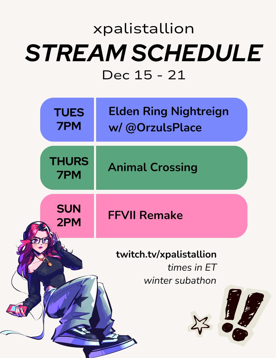 xpalistallion's tweet photo. Another fun stream week ahead!  ⊹ ࣪ ˖ ☆

Excited to take on Elden Ring Nightreign with @OrzulsPlace 🤺🤍

Plus more Animal Crossing and FFVII ✨

🌷 https://t.co/7sZF8rGAmA https://t.co/0cFet9sS4Y