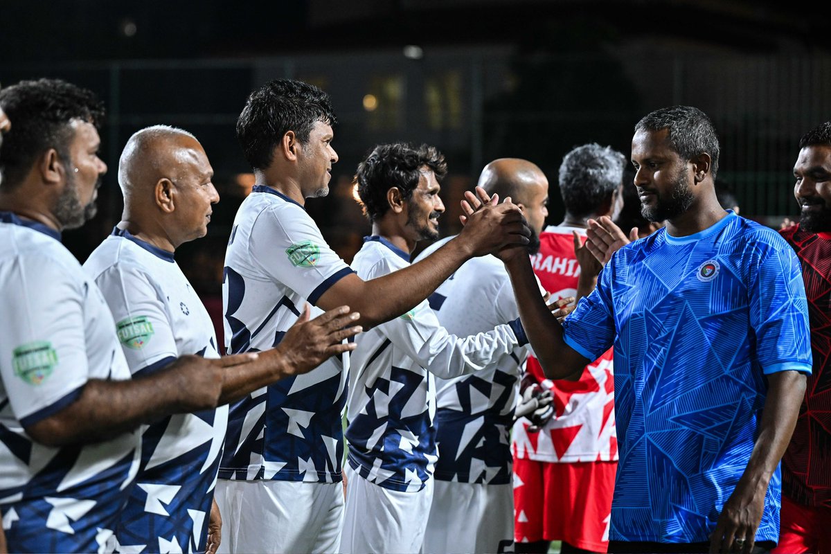 presidencymv's tweet photo. Vice President Uz @HucenSembe participates in the HYM Unity Veterans Futsal Challenge, playing for Muleeaage RC against Police Club. Organised by the Hulhumalé Youth Movement (HYM), the challenge promotes futsal among participants aged over 40 from both the public and private sectors.
