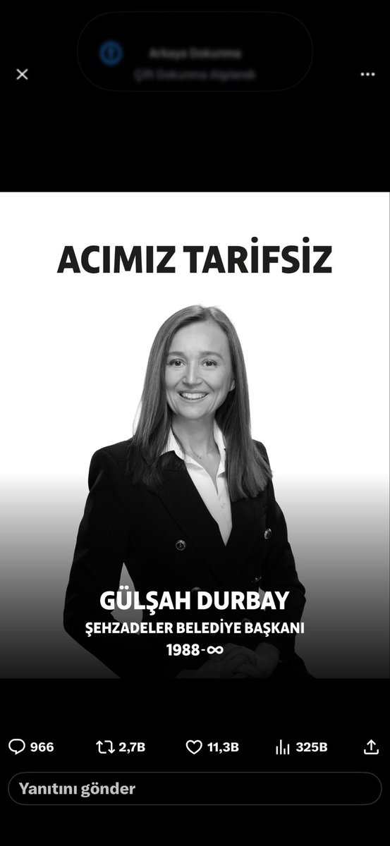 Çok çok üzgünüm,kıymetli Gülşah Durbayın vefatını üzülerek öğrendim.Allahtan Rahmet diliyorum,
Ruhu şad mekanı cennet olsun. 
Başımız sağolsun. <a href="/GulsahDurbay/">Gülşah Durbay</a> #gulsahdurbay