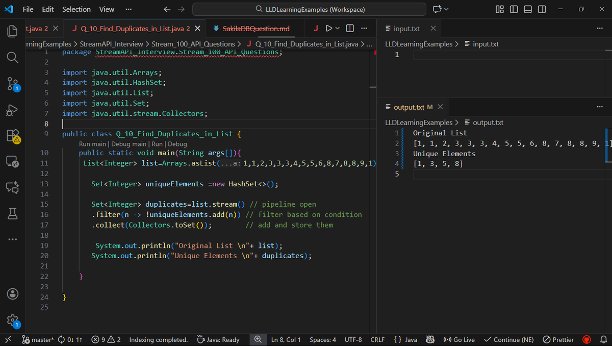 Java Streams  Post : 2
5. Filter the List for which duplicate elements appear

Ask #GrokAI  for Explanation
Note : All codes on Github and Link is in Bio  #Java #Java8 #Streams #100DaysOfCode #Coding #Interview #Programming #DSA #Backend #S