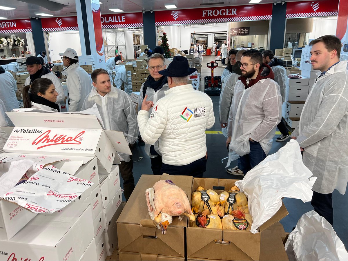 schelcher's tweet photo. La mise en place du Comité des jeunes restera comme une de mes décisions les plus utiles depuis mon arrivée à la tête de la @CooperativeU. Rien ne remplace bien sûr le conseil d'administration ou le comité stratégique. Mais j'ai un énorme plaisir à réunir régulièrement ce groupe de jeunes : ils ont moins de 35 ans, sont déjà propriétaires de magasin ou sont déjà très impliqués dans leur entreprise et j'adore leur vision différente de nos autres instances internes. Nous évoquons les projets en cours, challengeons certaines décisions, revenons sur les victoires et les irritants récents. Incontestablement, leur regard parallèle fait du bien.

Avec ce groupe, nous avons eu le privilège de visiter le @marchederungis. Des commerçants au marché deux semaines avant Noël, c'est un peu comme des enfants dans un magasin de jouets...

Arrivée à 4 h 30 en pleine effervescence. Le pavillon marée est le premier à ouvrir, dès 2 h du matin, et touche déjà bientôt à sa fin. Place au nettoyage intégral avant de réceptionner à nouveau la marchandise à partir de 21 h le soir même. 140.000 tonnes de produits de la mer transitent par ce pavillon chaque année.

Nous poursuivons avec les visites des pavillons de la triperie (et son emblématique tête de veau), des produits carnés puis des volailles, où Gino Catena, l'homme au chapeau, nous partage sa passion du métier. À l’approche des fêtes, on retrouve forcément des produits d’exception : chapons, canards gras, volailles de Bresse, foie gras du Gers…

Après une pause-café, direction le pavillon des fromages. 3.000 références sont disponibles ici, au rez-de-chaussée et dans les caves au sous-sol. On ne sait plus où donner de la tête ! Toujours très bien accompagnés par le Directeur général adjoint du marché, Général Dominique Batani, que je remercie vivement pour sa disponibilité et son accueil, direction les pavillons des fruits et légumes puis des fleurs coupées et des plantes.

Le marché avait été pensé par le gouvernement du Général de Gaulle pour alimenter les Parisiens. Aujourd'hui, 70 % des livraisons concernent effectivement la région parisienne. Rungis, ce sont 3 millions de tonnes de marchandises par an, 1.200 entreprises sur site, 12.000 salariés, 12 milliards d'euros de chiffre d'affaires.

Alors oui, c'est véritablement une ville dans la ville, avec son propre service de sécurité, sa brigade de sapeurs-pompiers et même... son code de la route (les plus gros véhicules ont la priorité !).

À la veille des fêtes, je veux saluer ici tous ceux qui réalisent les beaux produits que l’on retrouve à Rungis. Ils sont les reflets de nos territoires et font la renommée de la cuisine française.

Un immense merci cher Stéphane Layani pour ton accueil et nos échanges !