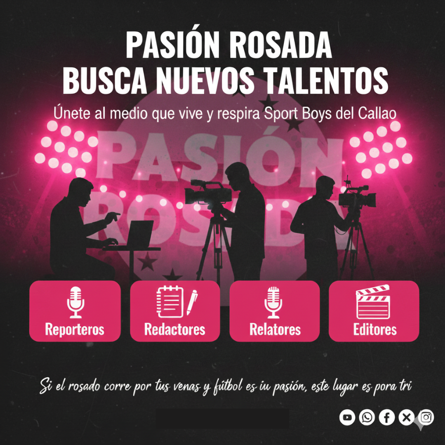 ¿Te gusta informar, relatar, escribir o editar sobre fútbol? ⚽🎥
Pasión Rosada busca reporteros, redactores, relatores y editores para cubrir al Sport Boys del Callao.

💗 Aprendizaje, trabajo en equipo y espacio para mostrar tu talento.

📩 ¡Escríbenos y únete a nuestro equipo!