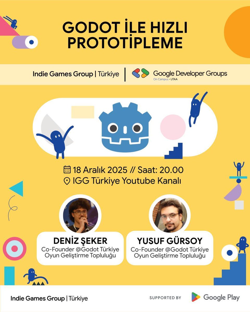 IGG Türkiye &amp; GDG On Campus UTAA iş birliğiyle dopdolu bir YouTube etkinliği geliyor!
Bu yayında Godot Engine ile önce arayüze hızlı bir giriş atıyor, ardından sadece 5 dakikada minik ama gerçek bir oyun geliştiriyoruz.

📍 Link: youtube.com/watch?v=5NnqAM… 
📅 18 Aralık 2025, 20.00