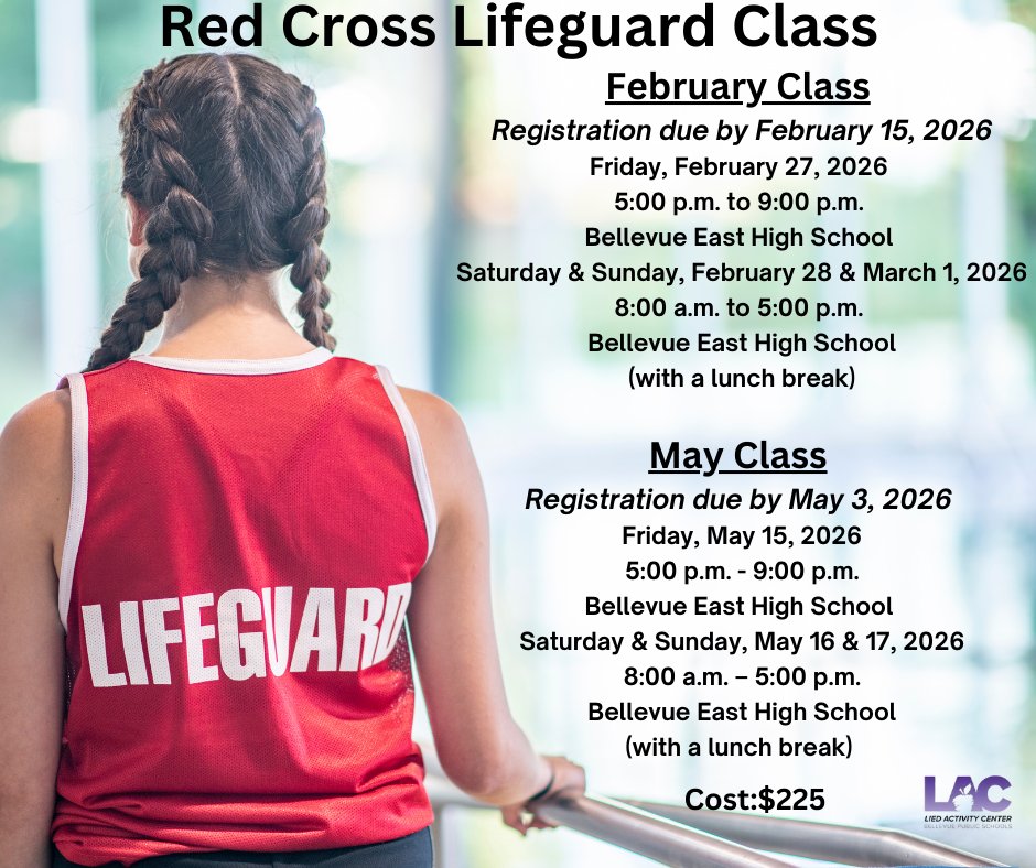 📢 Register Now for Full Lifeguard Certification!
Become a certified lifeguard this season.
Participants must be 15 years or older and attend all three days of training to earn certification.
Cost: $225
bellevuepublicschools.org/Page/1818