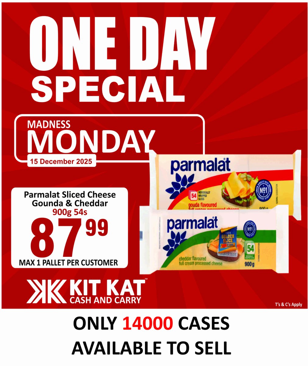 KitKatGroupSA's tweet image. MADNESS MONDAY 🧀
One day. One deal. BIG cheese energy.
Parmalat Sliced Cheese 900g for R87.99 — while the 14 000 cases last!
⏰ 15 December only at Kit Kat Cash &amp;amp; Carry.