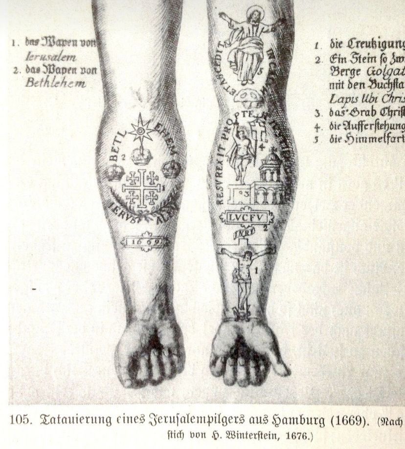 Shown below are tattoos which Christian pilgrims to Jerusalem received in the seventeenth century.