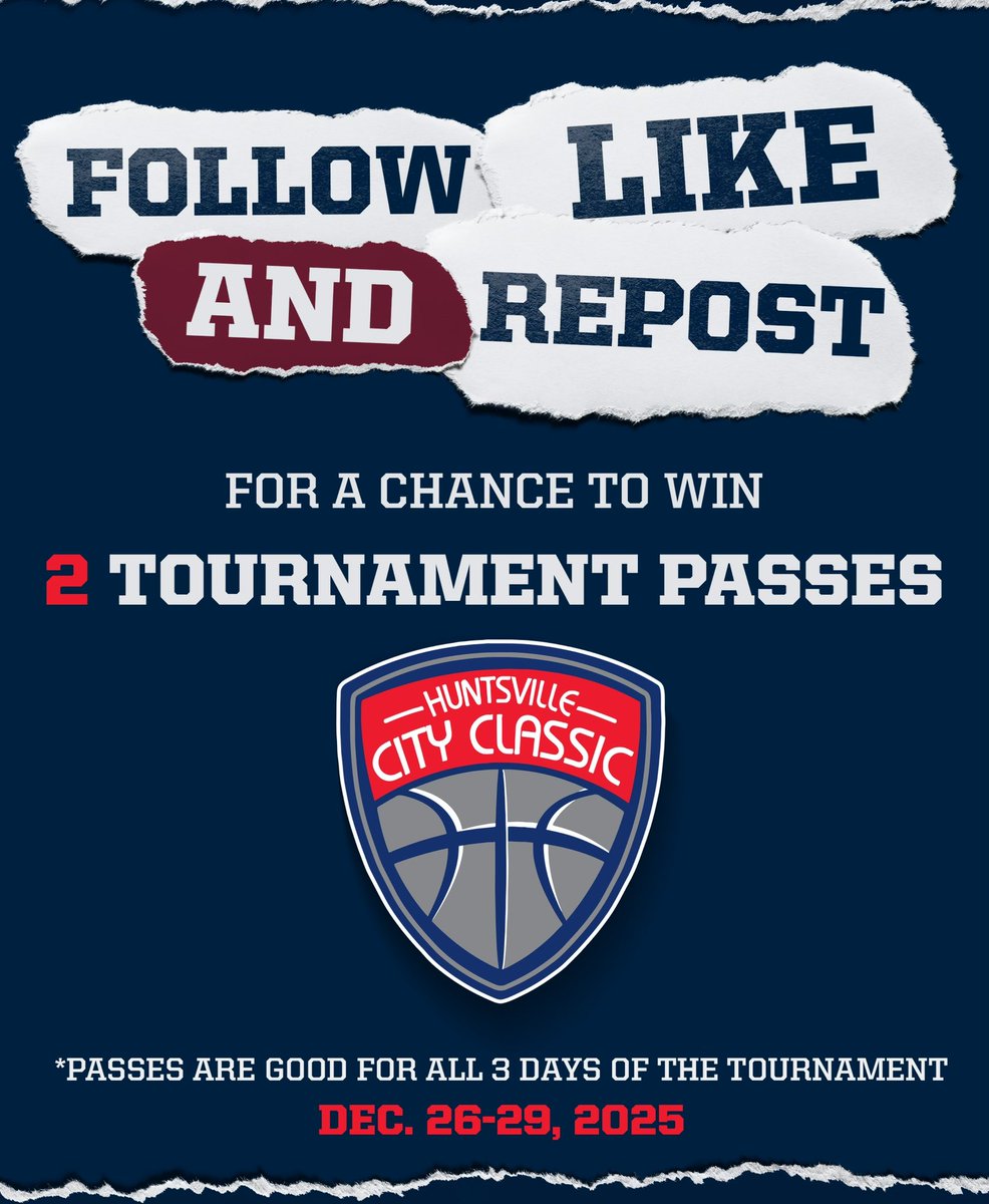 HuntsvilleMBB's tweet photo. Free 🎟️ anyone? Two all-session passes to the Huntsville City Classic-hosted by Huntsville High School on Dec. 26, 27, &amp; 29. We will even throw in some free🍿

👉Head over to Instagram for directions!

🎁 Bonus: Follow &amp; retweet our giveaway post on X for an extra entry! https://t.co/0zKCI95RmS