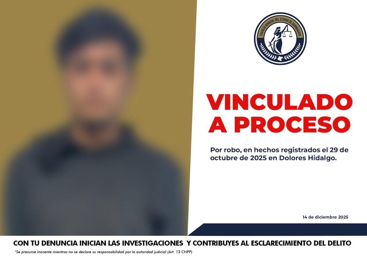 FGEGUANAJUATO's tweet photo. ACCIÓN FIRME Y RESULTADOS CONTUNDENTES CONTRA EL ROBO EN DOLORES HIDALGO

La #FiscalíaGuanajuato actuó con prontitud, investigación sólida y respaldo jurídico, logrando que un Juez dictara auto de vinculación a proceso contra JUAN “N”, por su probable responsabilidad en el delito de robo calificado cometido en un comercio de Dolores Hidalgo.

🔎 Los hechos
Derivado de labores de investigación ministerial, se acreditó que el 29 de octubre de 2025, aproximadamente a las 03:35 horas, el imputado ingresó de manera ilegal a un establecimiento ubicado sobre la carretera Dolores Hidalgo – San Miguel de Allende, donde forzó la chapa de acceso y se apoderó de diversos objetos, causando un daño directo al patrimonio de la víctima.

⚖️ Resultado legal
Con base en datos de prueba, el Ministerio Público formuló imputación y obtuvo:
✔️ Vinculación a proceso
✔️ Prisión preventiva como medida cautelar
✔️ Continuación de la investigación complementaria

En Guanajuato, los delitos se investigan y se castigan. La Fiscalía refrenda su compromiso de actuar con legalidad, firmeza y transparencia, brindando certeza jurídica y confianza social a quienes denuncian.