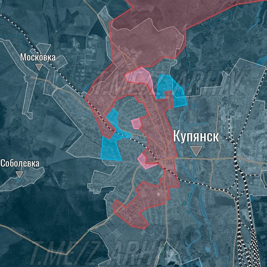 #Ukraine #Kupyansk Die Situation in und um Kupyansk ist weiterhin verworren (ZOVMilitary). Die aktiven ukrainischen Truppen (hellblau) befinden sich an der Eisenbahnlinie nahe am Stadtzentrum West. Und im Nordosten, wo sie auf jeden Fall relativ isoliert sind. Der Rest ist
