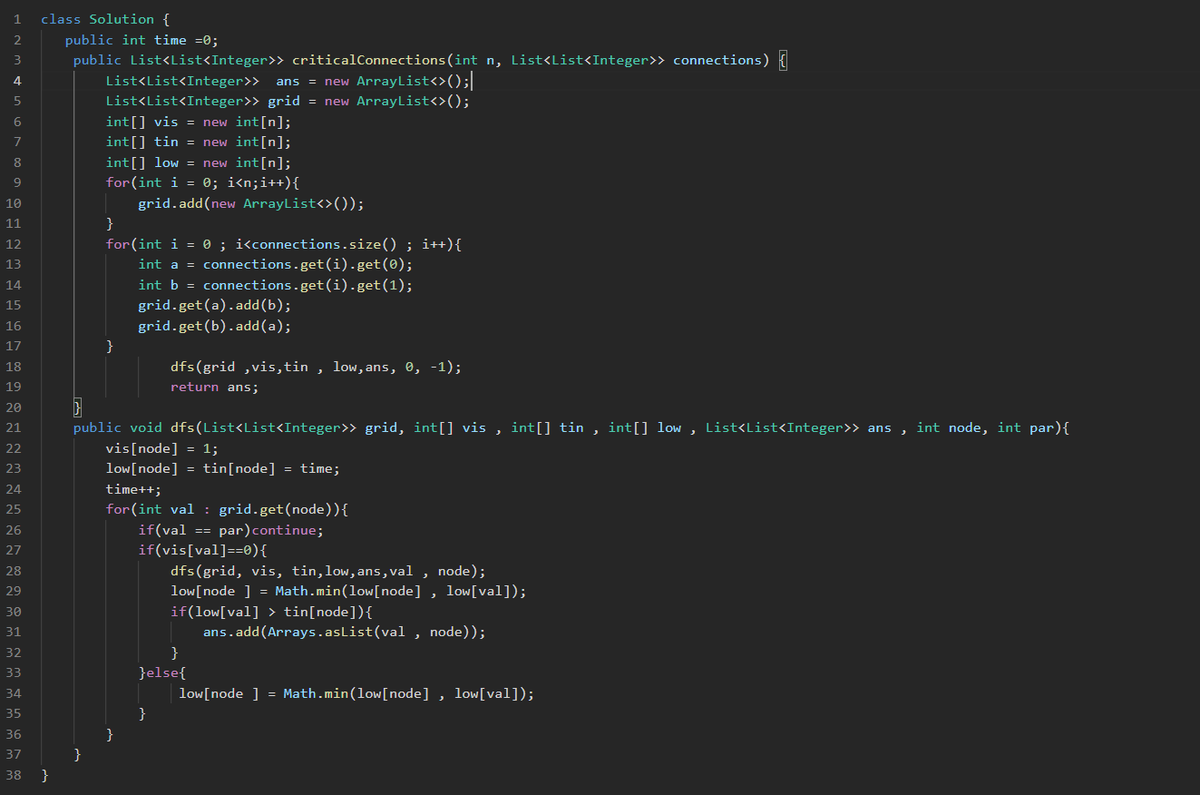 Solved Critical Connections (Bridges) using Tarjan’s Algorithm 🔥
DFS + tin + low = O(V+E)
Thanks <a href="/striver_79/">Striver | Building takeUforward</a> for the amazing explanation 🙌
#DSA #Graphs #Java