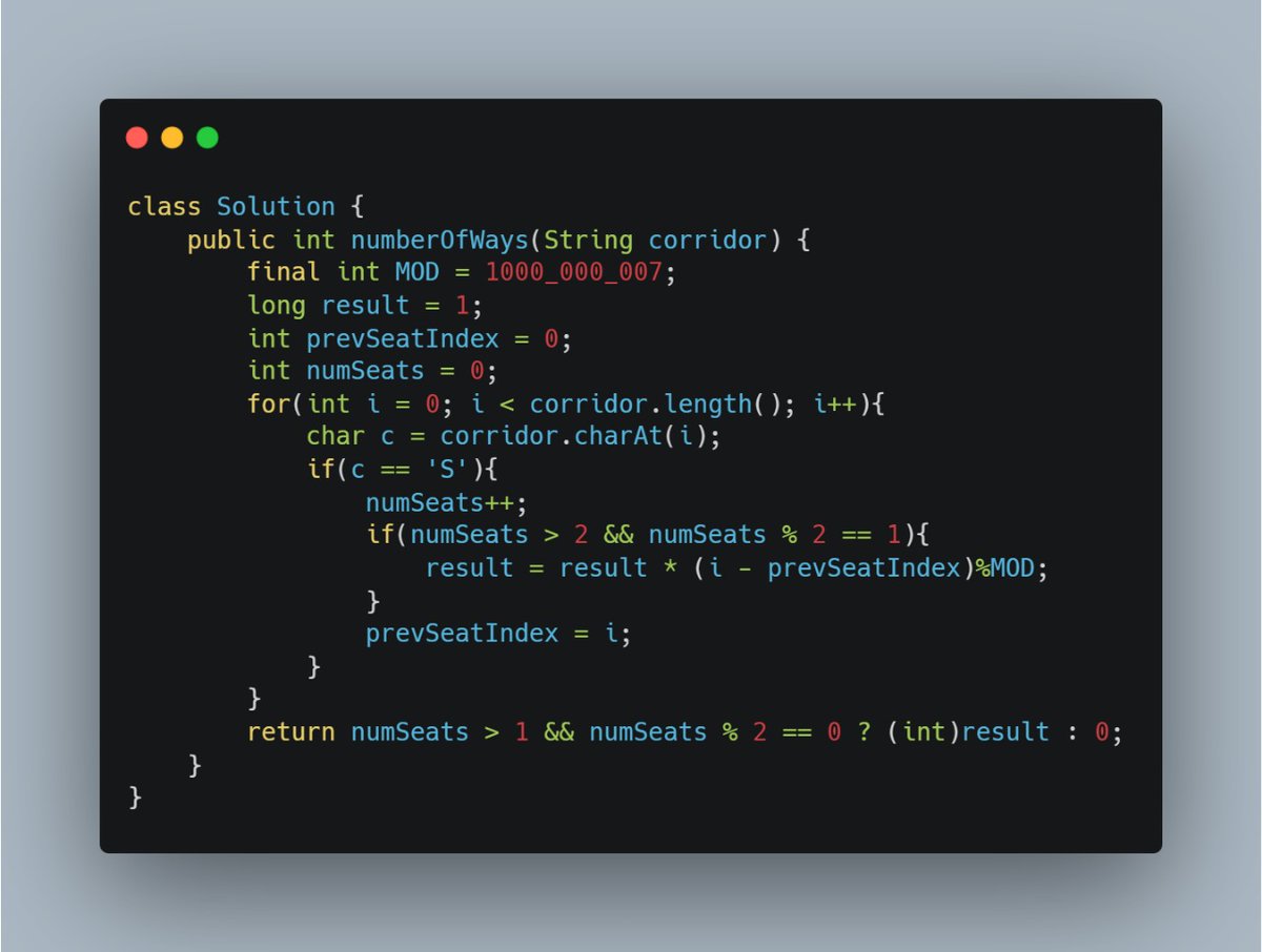 shamkyLearns's tweet image. Day 89 ✅

- Attended the leetcode weekly contest: managed to solve A, B and C with a penalty.
- Solved leetcode daily: 2147. Number of Ways to Divide a Long Corridor.

Brick by brick 🧱 

#LeetCode #100DaysOfCode