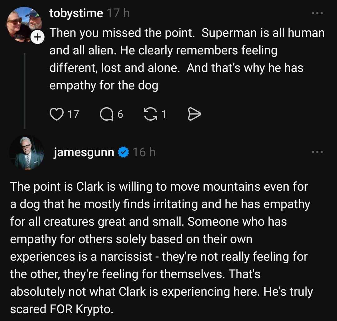 Why on earth is he so insistent on dismissing a well thought out and character driven reading of his film just to ensure his own shallow and surface level take as the reality 

He's so obsessed with Superman just being good for goodness sake he's striped out all context for