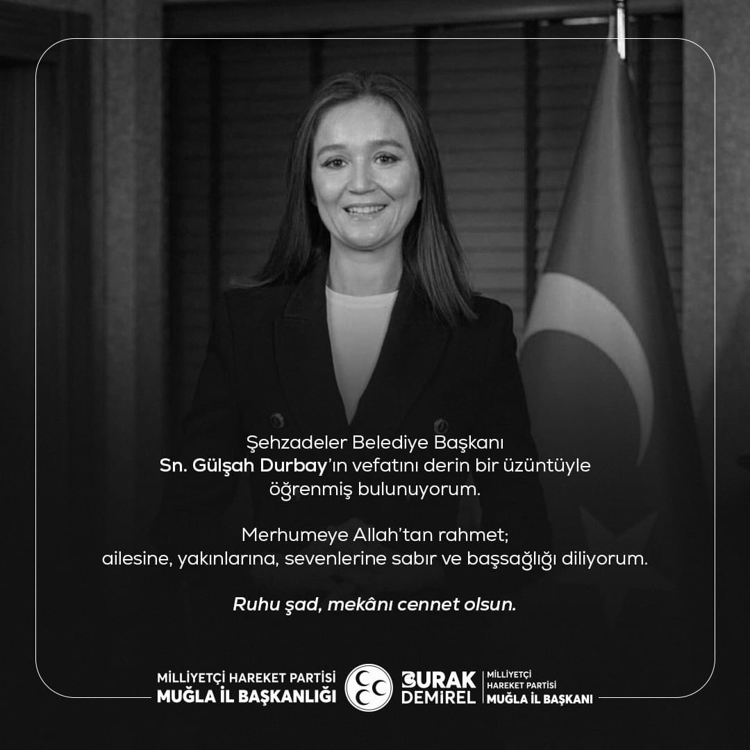 Manisa Şehzadeler Belediye Başkanı Gülşah Durbay’ın, amansız hastalığa karşı verdiği mücadeleyi kaybederek vefat ettiğini büyük bir üzüntüyle öğrendim.

Çok genç yaşta aramızdan ayrılması, hepimizi derinden yaraladı.Allah rahmet eylesin, mekanı cennet olsun.