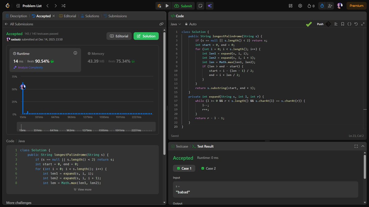 Day 69: Solved "Longest Palindromic Substring" today!
Runtime: 14ms
Memory: 43.39MB
#100DaysOfCode #LeetCode #Java
