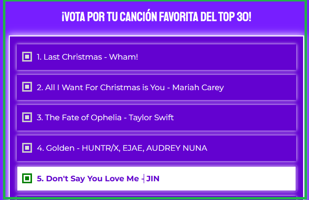 JinRadioTasks's tweet image. 🎄✨ CONFESSION TIME ✨🎄

For us, “Don’t Say You Love Me” by Jin IS our Christmas anthem 💜
So if we treat it like a holiday song, here’s what happens:

📈 Streams go up
📻 Requests go up
🏆 Its ranking position goes up

🎯 WHAT TO DO TODAY:

1️⃣ Nominate #Falling by Jin feat.