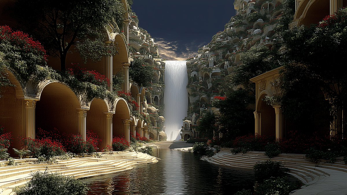 MuseionObsessed's tweet photo. A breathtaking fantasy city carved into lush cliffs, where a majestic waterfall cascades into a serene river flanked by arched terraces blooming with vibrant red flowers and greenery. A dreamlike escape under a dramatic twilight sky. 

#AIArt #FantasyWorld #Ethereum #Base #Onchain