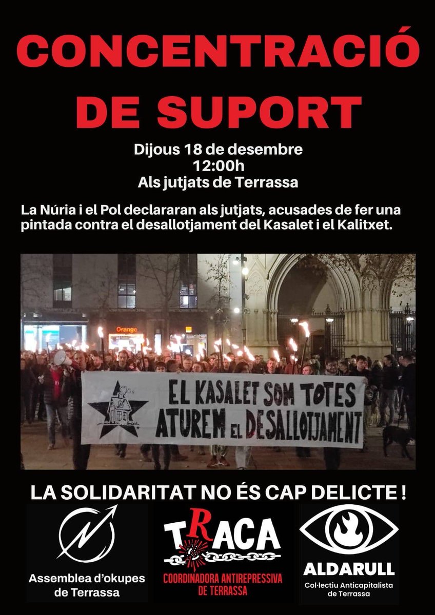 Concentració de suport a #Terrassa 
Solidaritat amb la Núria i en Pol.