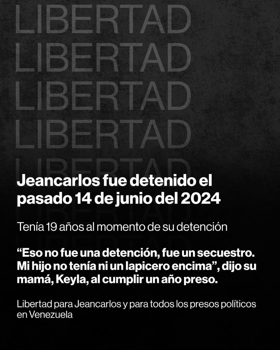 😔🇻🇪 HOY SE CUMPLEN 18 MESES DEL SECUESTRO DE JEANCARLOS RIVAS

El 14 de junio de 2024, seis días después de organizar una exitosa movilización en Vargas para recibir a Edmundo González, Jeancarlos fue secuestrado por el régimen cuando caminaba por su parroquia.

Tenía apenas 19