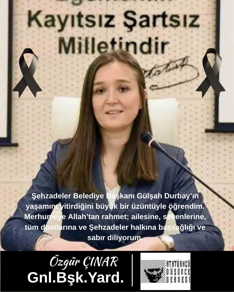 Manisa Şehzadeler Belediye Başkanı Gülşah Durbay’ın yaşamını yitirdiğini büyük bir üzüntüyle öğrendim. 
Merhumeye Allah’tan rahmet; ailesine, sevenlerine, tüm dostlarına, CHP örgütüne ve Şehzadeler halkına başsağlığı ve sabır diliyorum.
