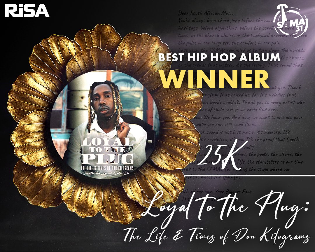 Official_SABC1's tweet image. Pen game strong. Flow distinct. 🎤

The SAMA31 for Best Hip Hop Album goes to 25K - Loyal to the Plug: The Life &amp;amp; Times of Don Kilograms! Real rap is back in the building.

SAMA31 sponsored by the Motsepe Foundation.
#SAMA31 #SAMAFlowers #SAHipHop #BestHipHop