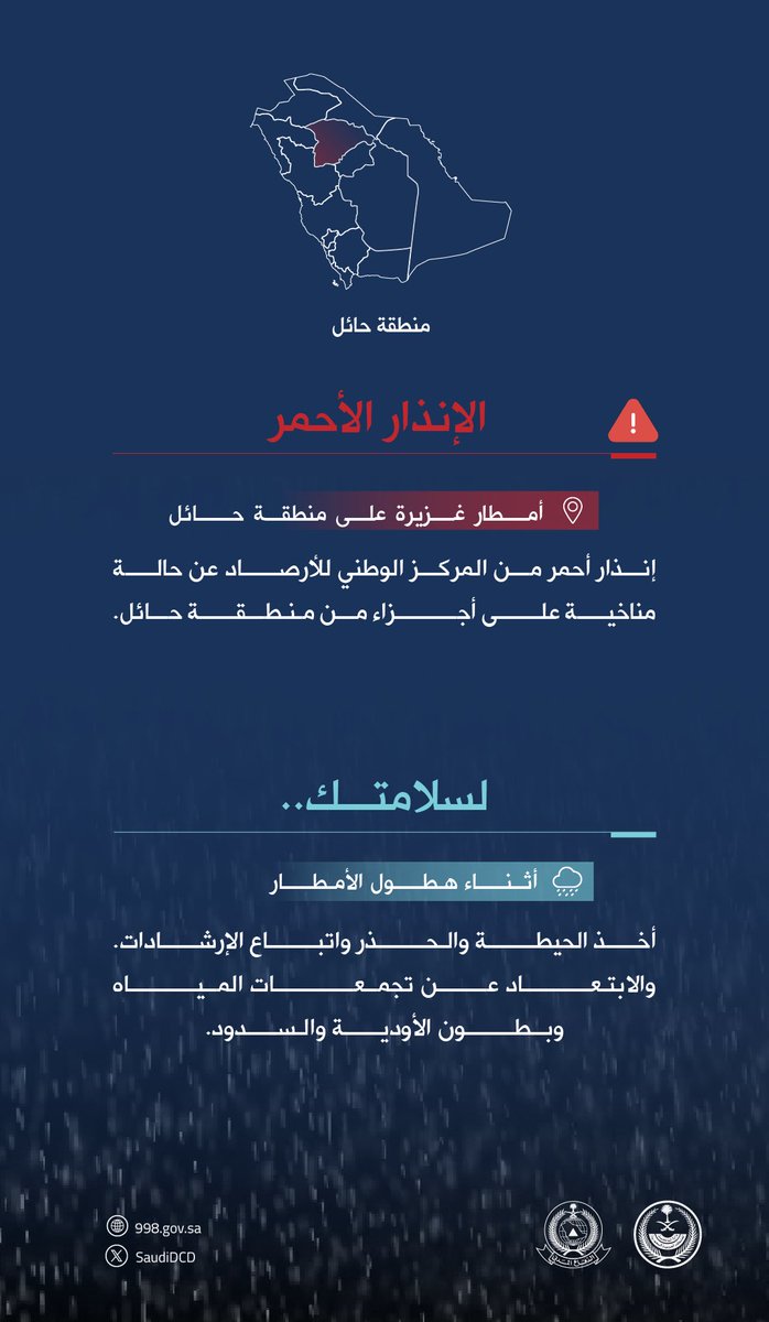 #الدفاع_المدني يدعو إلى توخي الحيطة واتباع الإرشادات إثر الحالة المناخية التي تشهدها أجزاء من منطقة #حائل .
ولمتابعة الحالة عبر الرابط:

ncm.gov.sa/Ar/alert/Pages…