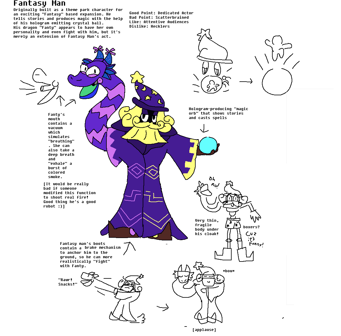 My entry for the Robot Master Design contest, meet Fantasy Man! I always end up putting too many silly little details in these things.

Pen name: Reeces Pieces!

#DesignARobotMaster #MegaManDO