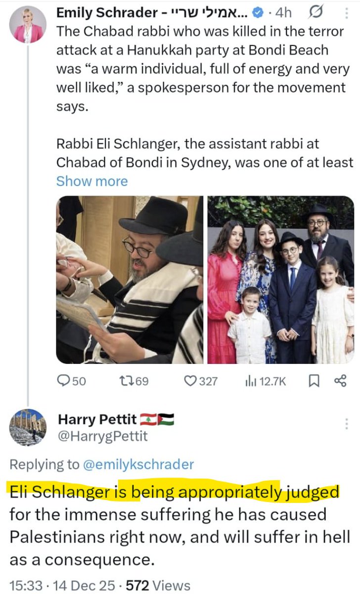 Just a reminder that this despicable miscreant, who's openly celebrating the murder of a rabbi and father of five children massacred in Sydney today, was until recently a tenured professor at <a href="/Radboud_Uni/">Radboud University</a>, and has allegedly been hired by another university. <a href="/HarrygPettit/">Harry Pettit 🇱🇧🇵🇸</a>