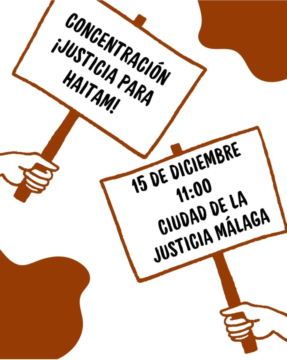 📢 Concentración lunes 15 de diciembre a las 11.00

📌 Ciudad de la justicia, Málaga 
⏰ Lunes 15 a las 11.00

JUSTICIA PARA HAITAM

LAS VIDAS MORAS IMPORTAN 

BASTA DE ABUSO POLICIAL 

#torremolinos 
#violenciapolicial 
#racism 
                 instagram.com/reel/DSNFA6zAm…