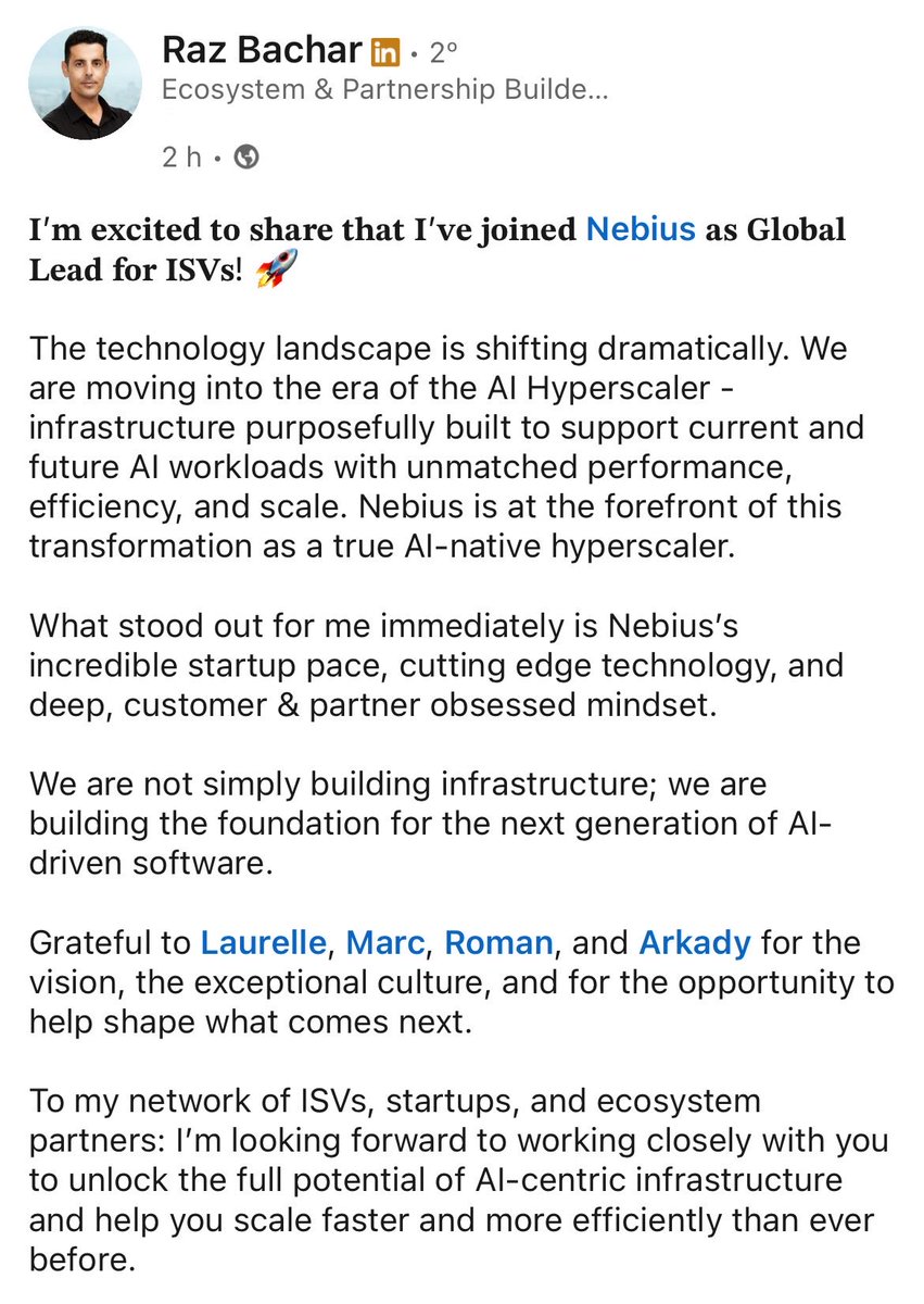 $NBIS hired a new Global Lead for ISVs, coming directly from Microsoft (6+ years) and AWS (6+ years).

Interestingly, he also spent 2 years as an independent expert for the European Commission, evaluating Cloud and AI research proposals under EU innovation funding programs. 🧐